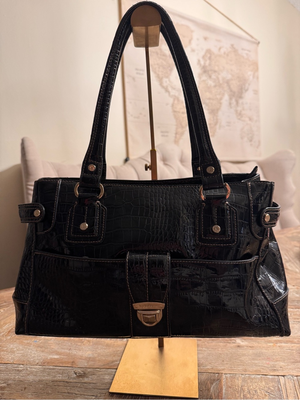 Liz Claiborne Black Croc-Embossed Patent Shoulder Bag